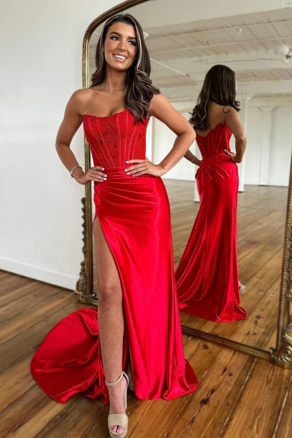 red strapless dress